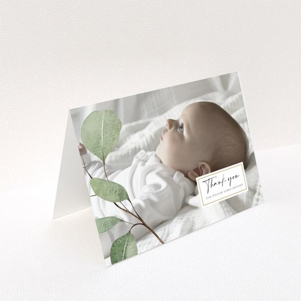 Baby thank you card with foliage design and one photo of a baby lying down