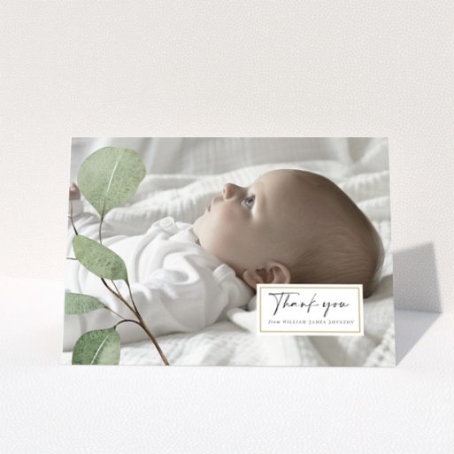 Baby thank you card with foliage design and one photo of a baby lying down