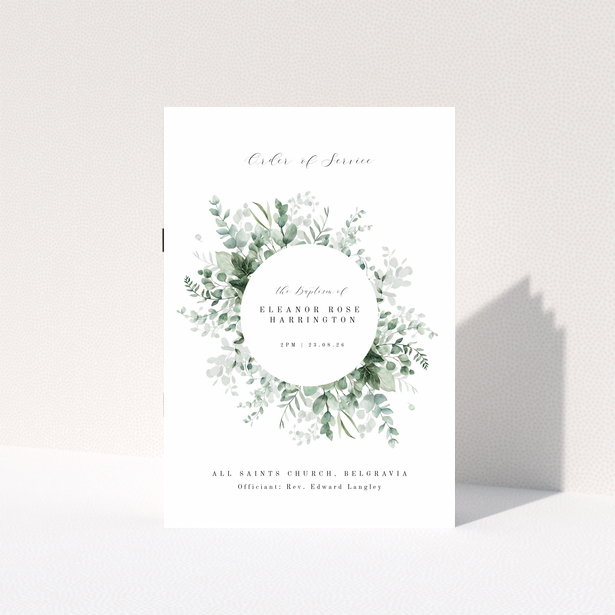 Christening order of service program with floral wreath design and no photos