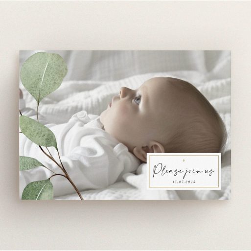 Elegant Christening Invite Christening invitation design with elegant greenery and a baby photo