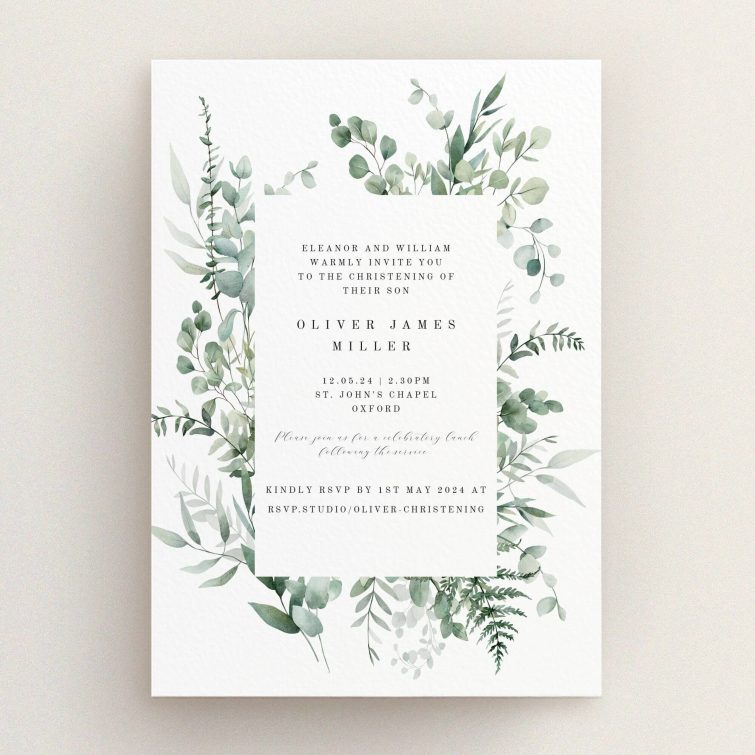 Elegant botanical christening invitation design with greenery accents, no photos included.
