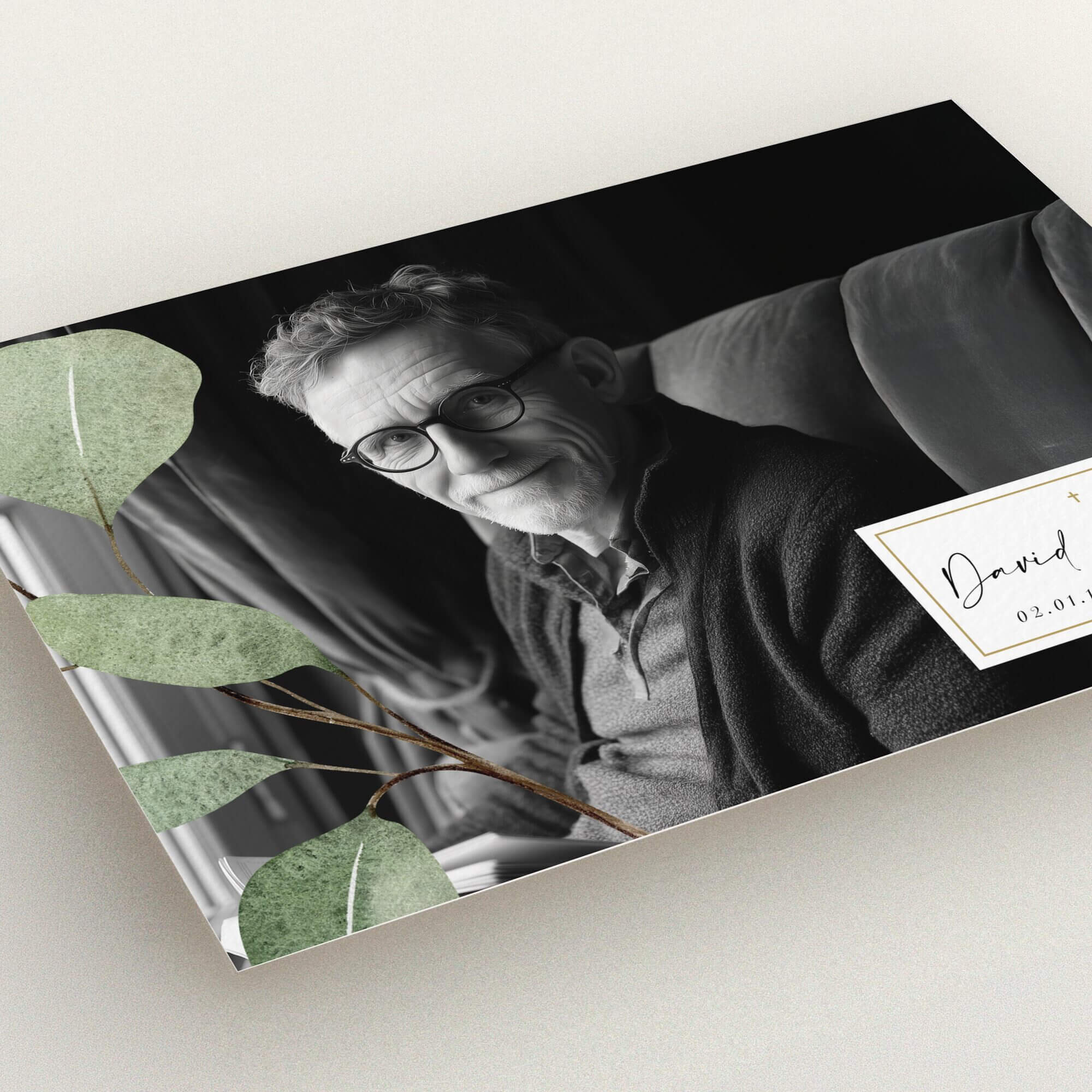 Funeral announcement card design with one photo, featuring a modern layout and greenery accents.