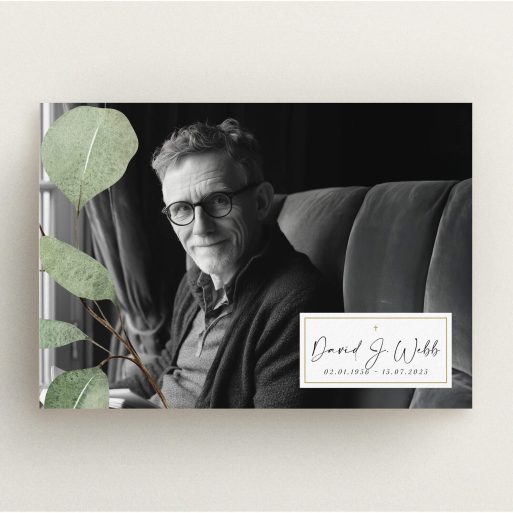 Elegant Funeral Announcement Funeral announcement card design with one photo, featuring a modern layout and greenery accents.