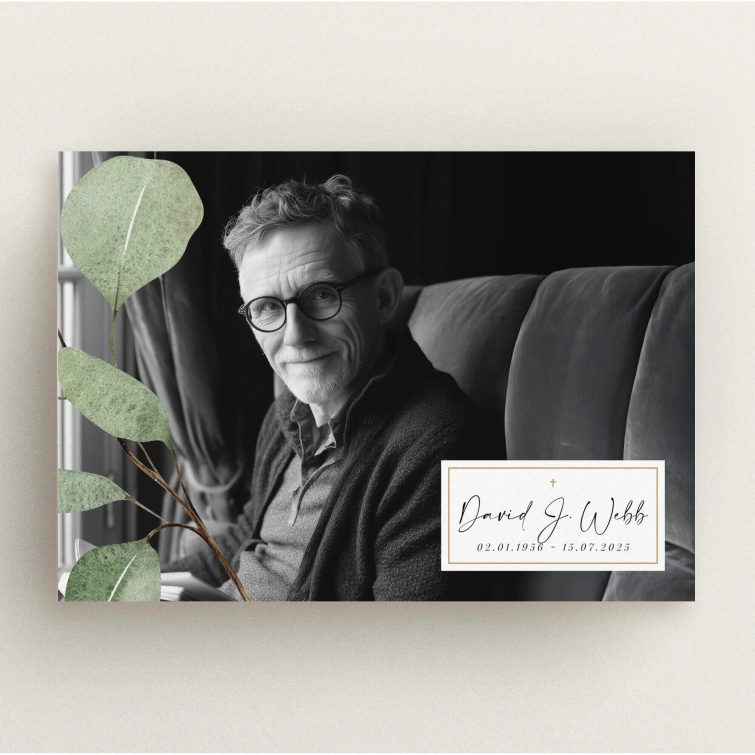 Funeral announcement card design with one photo, featuring a modern layout and greenery accents.