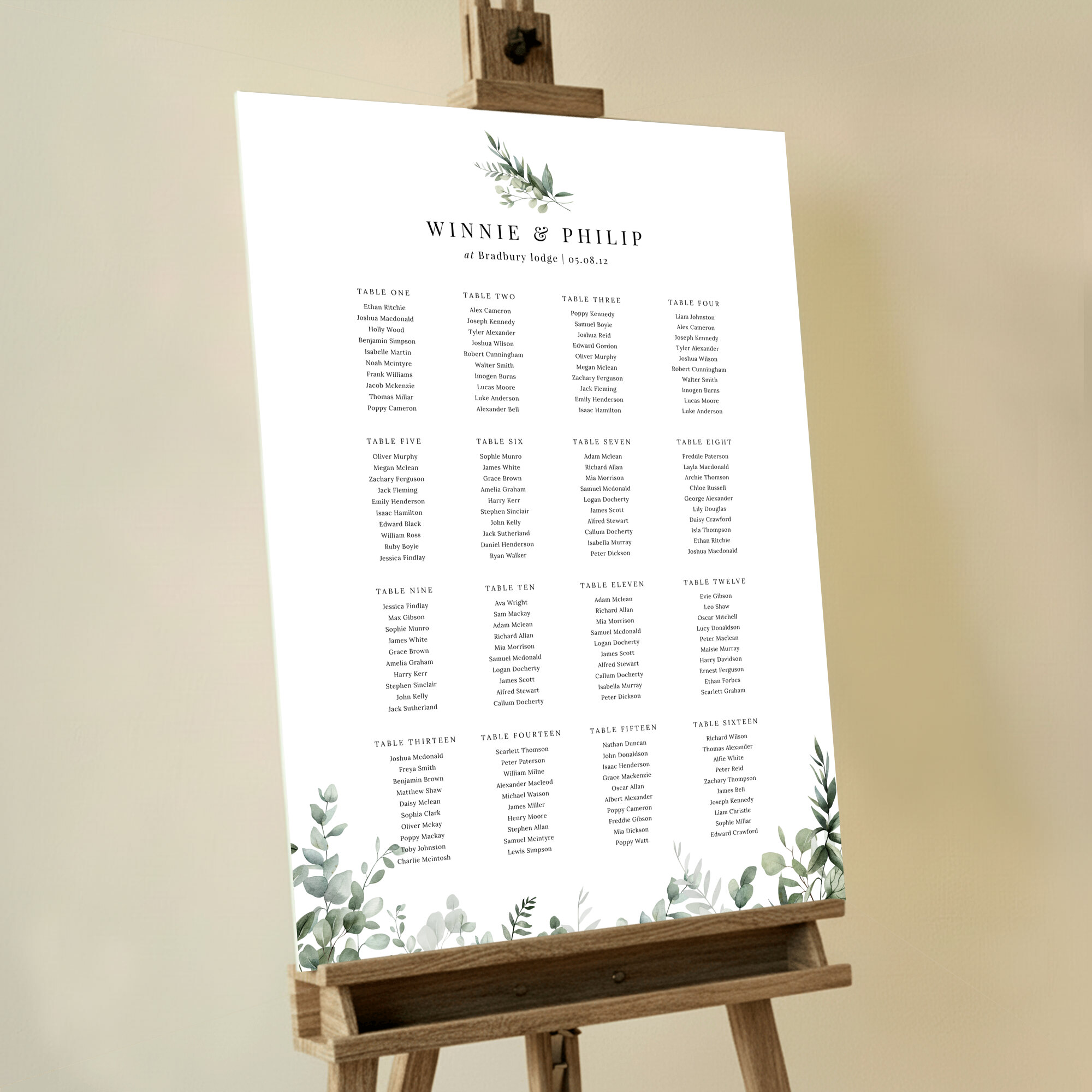 Custom Eucalyptus Swirls Seating Plan featuring a white background adorned with beautiful green eucalyptus leaves at the top and bottom, creating a serene and natural atmosphere for your wedding.. This template has 16 tables.