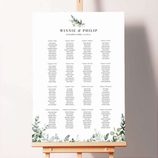 Custom Eucalyptus Swirls Seating Plan featuring a white background adorned with beautiful green eucalyptus leaves at the top and bottom, creating a serene and natural atmosphere for your wedding.. This template has 16 tables.
