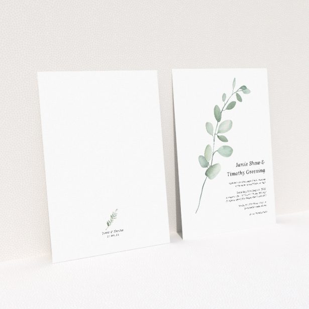 "Eucalyptus Swirls" A5 wedding invitation with minimalist design featuring delicately illustrated eucalyptus branch. This image shows the front and back sides together