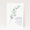 "Eucalyptus Swirls" A5 wedding invitation with minimalist design featuring delicately illustrated eucalyptus branch. This is a view of the front