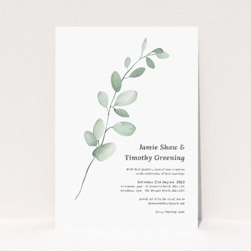 "Eucalyptus Swirls" A5 wedding invitation with minimalist design featuring delicately illustrated eucalyptus branch. This is a view of the front
