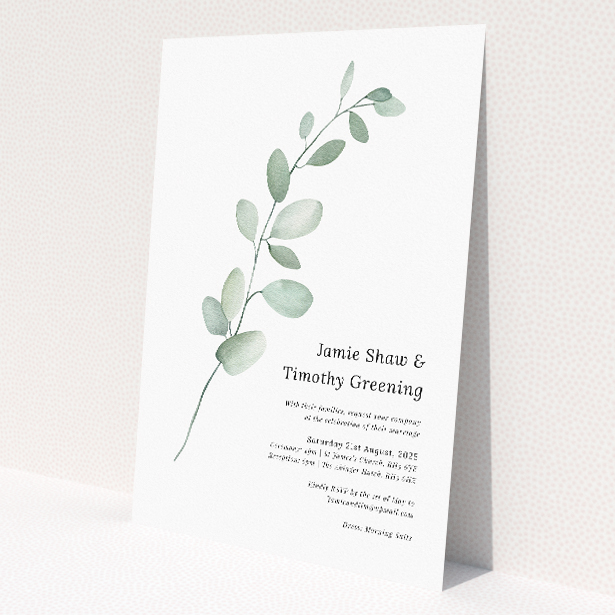 'Eucalyptus Swirls' A5 wedding invitation with minimalist design featuring delicately illustrated eucalyptus branch. This is a view of the front
