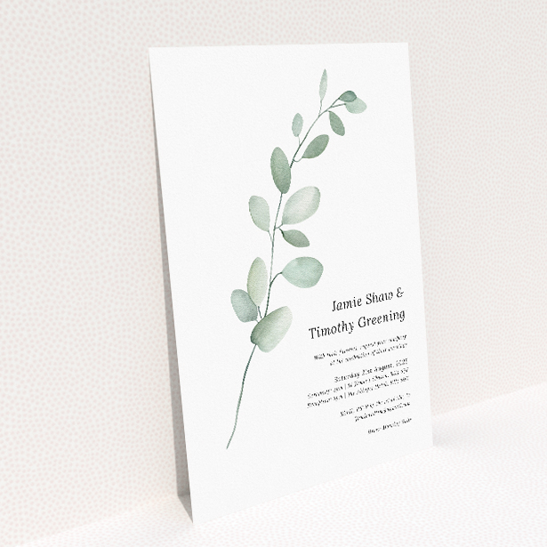 "Eucalyptus Swirls" A5 wedding invitation with minimalist design featuring delicately illustrated eucalyptus branch. This image shows the front and back sides together