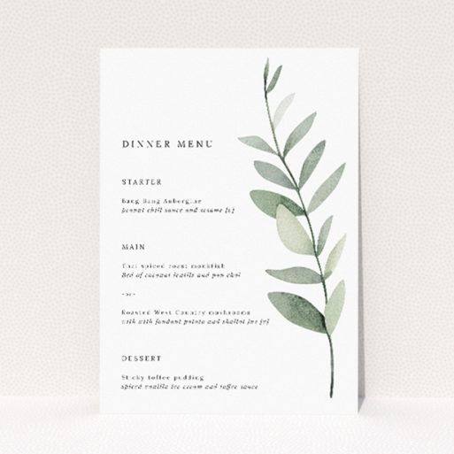 Eucalyptus Swirls wedding menu template showcasing minimalist design with delicate eucalyptus illustrations in soothing shades of green, perfect for couples desiring a modern yet organic vibe, offering style and functionality for a fresh take on wedding stationery This is a view of the front