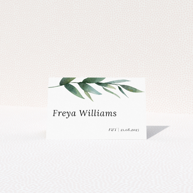 Wedding place card template featuring modern eucalyptus swirls design. This is a view of the front