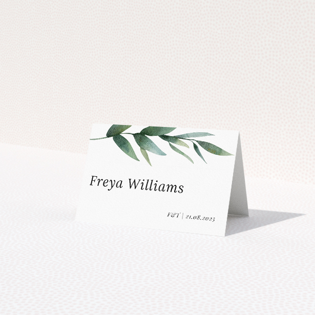 Wedding place card template featuring modern eucalyptus swirls design. This is a view of the front