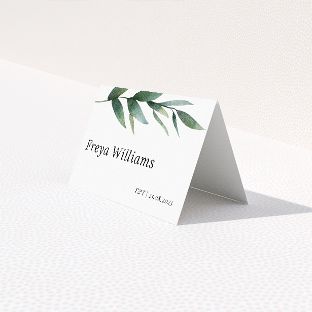 Wedding place card template featuring modern eucalyptus swirls design. This is a third view of the front
