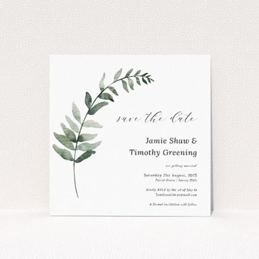 Eucalyptus Swirls Wedding Save the Date Card Template - Botanical Charm with Eucalyptus Branch Illustration. This is a view of the front