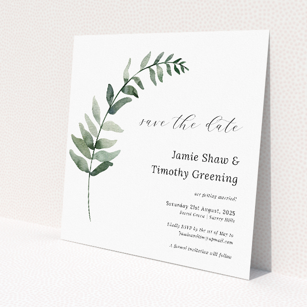 Eucalyptus Swirls Wedding Save the Date Card Template - Botanical Charm with Eucalyptus Branch Illustration. This is a view of the front