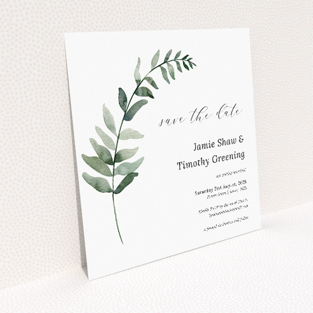 Eucalyptus Swirls Wedding Save the Date Card Template - Botanical Charm with Eucalyptus Branch Illustration. This image shows the front and back sides together