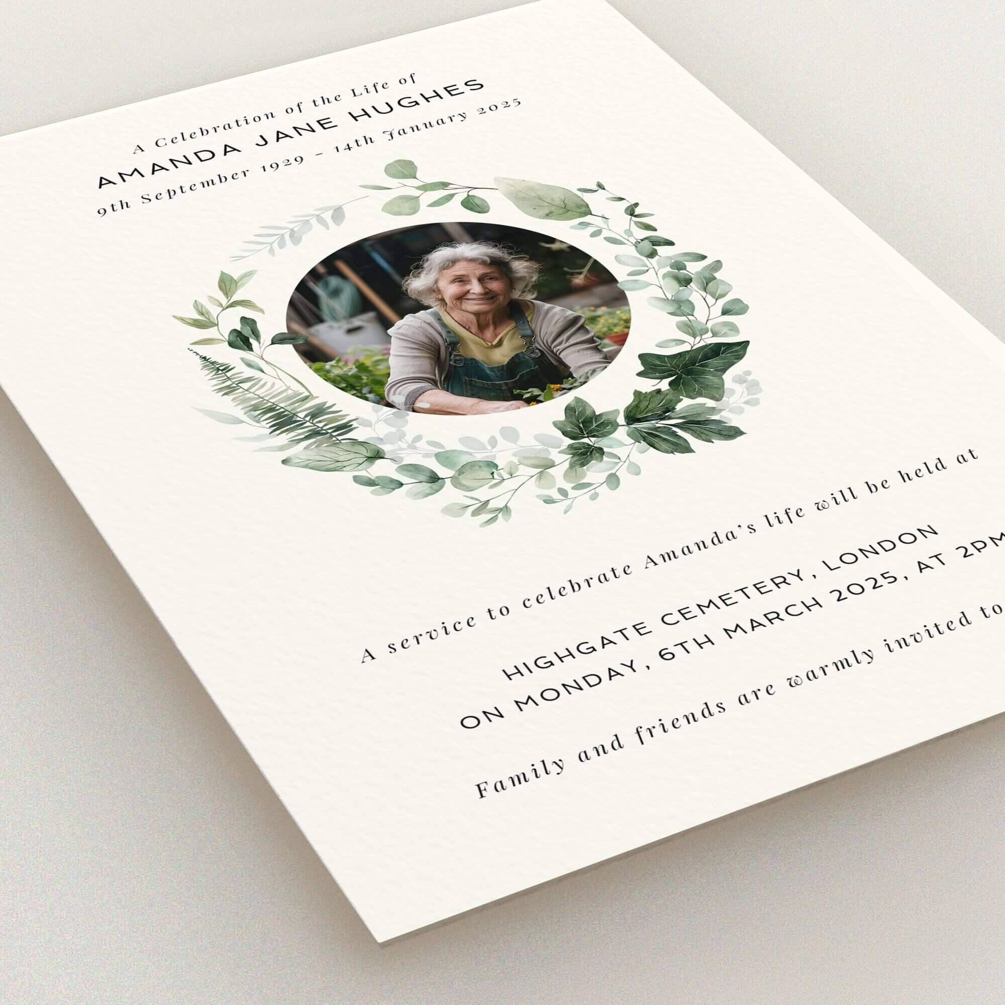 Floral funeral announcement with one photo for memorial service invitation.