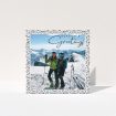 A family christmas card called "Alpine Christmas". It is a square (148mm x 148mm) card in a square orientation. It is a photographic family christmas card with room for 1 photo. "Alpine Christmas" is available as a folded card, with tones of black and white.