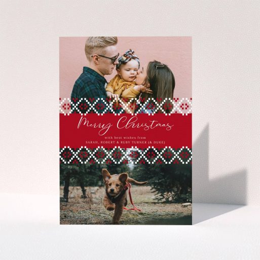 A family christmas card design titled "Christmas Jumper Stitch". It is an A5 card in a portrait orientation. It is a photographic family christmas card with room for 2 photos. "Christmas Jumper Stitch" is available as a folded card, with tones of red and white.