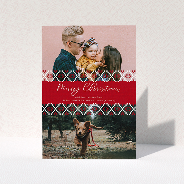 A family christmas card design titled "Christmas Jumper Stitch". It is an A5 card in a portrait orientation. It is a photographic family christmas card with room for 2 photos. "Christmas Jumper Stitch" is available as a folded card, with tones of red and white.