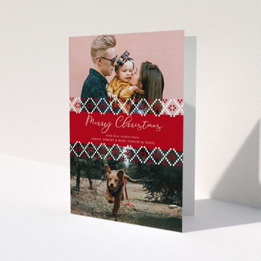 A family christmas card design titled 'Christmas Jumper Stitch'. It is an A5 card in a portrait orientation. It is a photographic family christmas card with room for 2 photos. 'Christmas Jumper Stitch' is available as a folded card, with tones of red and white.