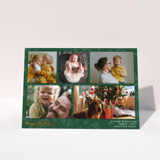 A family christmas card design titled "Christmas Tree Green". It is an A5 card in a landscape orientation. It is a photographic family christmas card with room for 5 photos. "Christmas Tree Green" is available as a folded card, with tones of green, gold and light green.