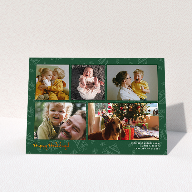 A family christmas card design titled "Christmas Tree Green". It is an A5 card in a landscape orientation. It is a photographic family christmas card with room for 5 photos. "Christmas Tree Green" is available as a folded card, with tones of green, gold and light green.