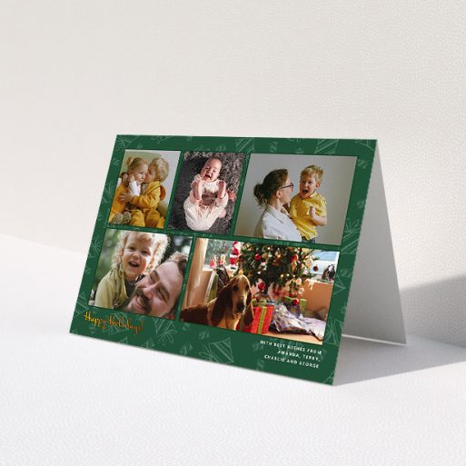 A family christmas card design titled 'Christmas Tree Green'. It is an A5 card in a landscape orientation. It is a photographic family christmas card with room for 5 photos. 'Christmas Tree Green' is available as a folded card, with tones of green, gold and light green.