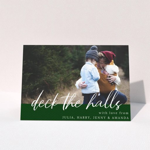 A family christmas card called "Forrest Green Feelings". It is an A5 card in a landscape orientation. It is a photographic family christmas card with room for 1 photo. "Forrest Green Feelings" is available as a folded card, with mainly green colouring.
