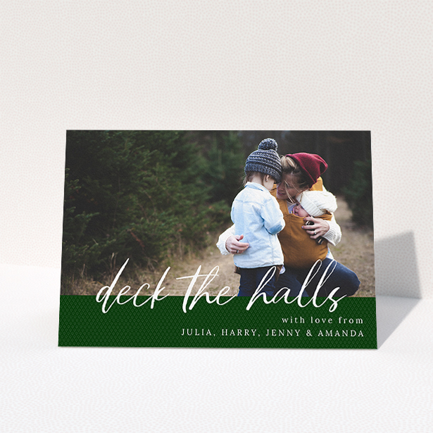 A family christmas card called "Forrest Green Feelings". It is an A5 card in a landscape orientation. It is a photographic family christmas card with room for 1 photo. "Forrest Green Feelings" is available as a folded card, with mainly green colouring.