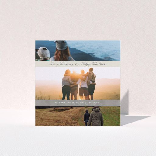 A family christmas card design named "Grey and Cream". It is a square (148mm x 148mm) card in a square orientation. It is a photographic family christmas card with room for 3 photos. "Grey and Cream" is available as a folded card, with tones of light grey and dark cream.