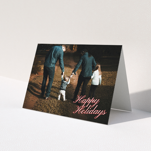 A family christmas card design titled 'Happy Holidays'. It is an A5 card in a landscape orientation. It is a photographic family christmas card with room for 1 photo. 'Happy Holidays' is available as a folded card.