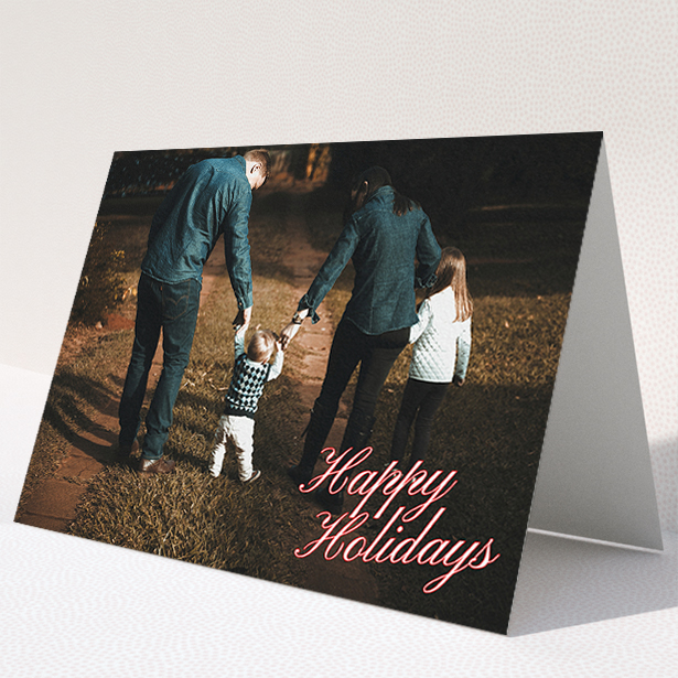 A family christmas card design titled "Happy Holidays". It is an A5 card in a landscape orientation. It is a photographic family christmas card with room for 1 photo. "Happy Holidays" is available as a folded card.