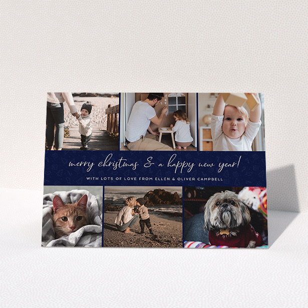 A family christmas card template titled "Navy Christmas Photos". It is an A5 card in a landscape orientation. It is a photographic family christmas card with room for 6 photos. "Navy Christmas Photos" is available as a folded card, with mainly blue colouring.