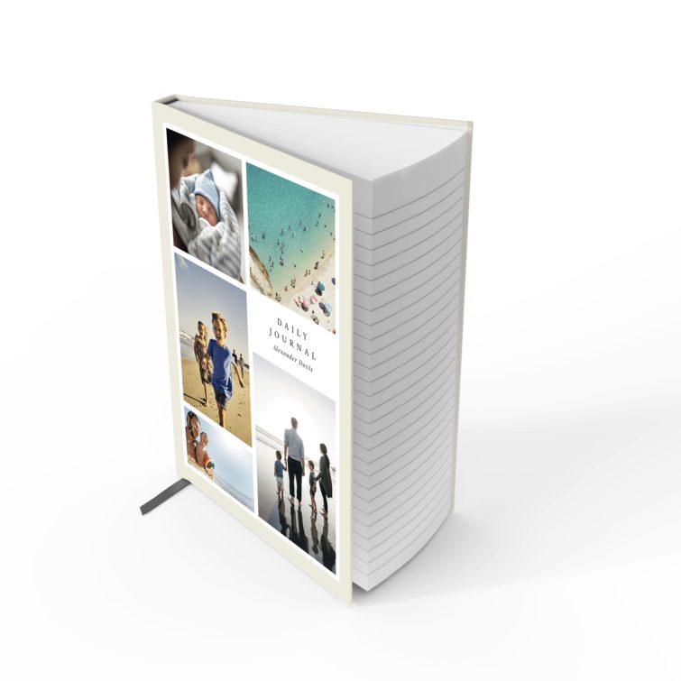 Portrait orientation daily journal notebook cover design with five photos, ideal for personalised printing by Utterly Printable.