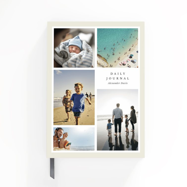 Portrait orientation daily journal notebook cover design with five photos, ideal for personalised printing by Utterly Printable.