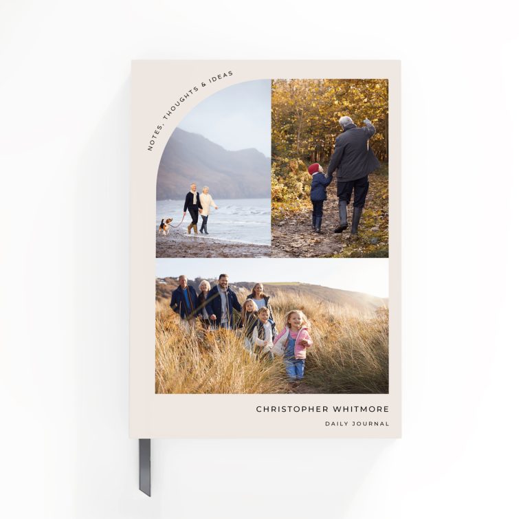 Personalised portrait notebook design with three photos for Utterly Printable.