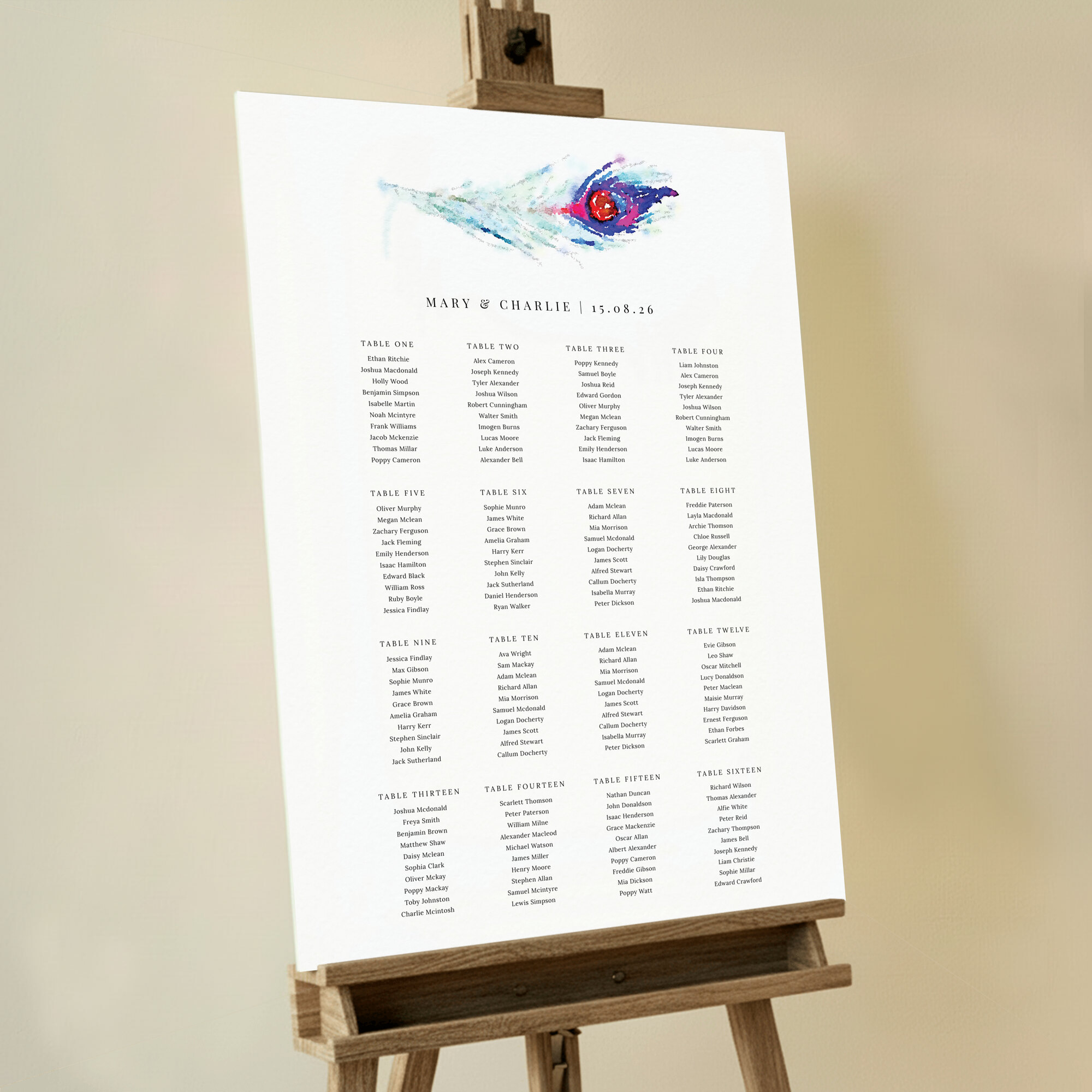 Personalized Feather in the Corner Wedding Seating Charts featuring a mesmerizing watercolor peacock feather as its central focus, with shades of blue, purple, and red, creating a simple yet captivating design that is a true conversation starter.. This template shows 16 tables.