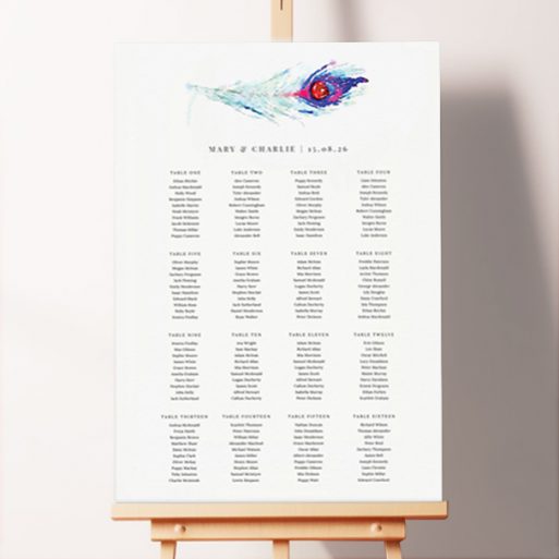 Personalized Feather in the Corner Wedding Seating Charts featuring a mesmerizing watercolor peacock feather as its central focus, with shades of blue, purple, and red, creating a simple yet captivating design that is a true conversation starter.. This template shows 16 tables.