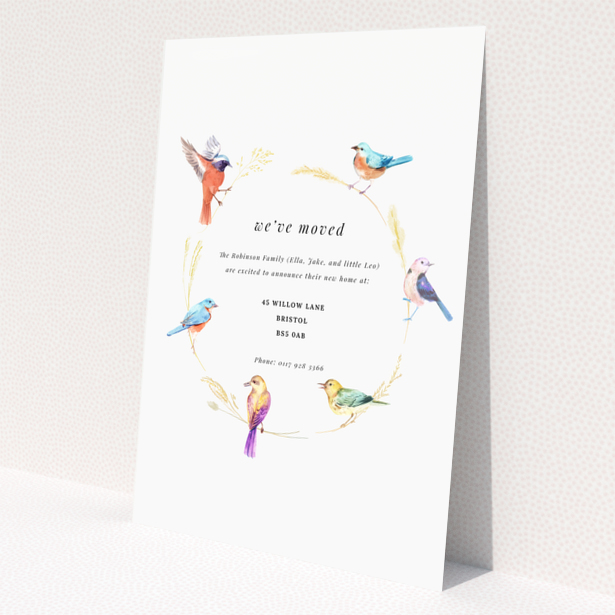 Change of address card design featuring illustrated birds and text, with no photos present