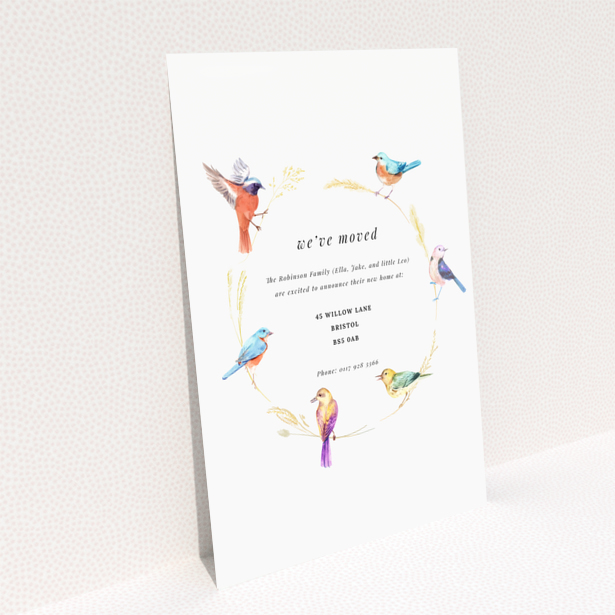 Change of address card design with nature-inspired illustrations named Portrait, featuring six bird graphics arranged in a circular pattern