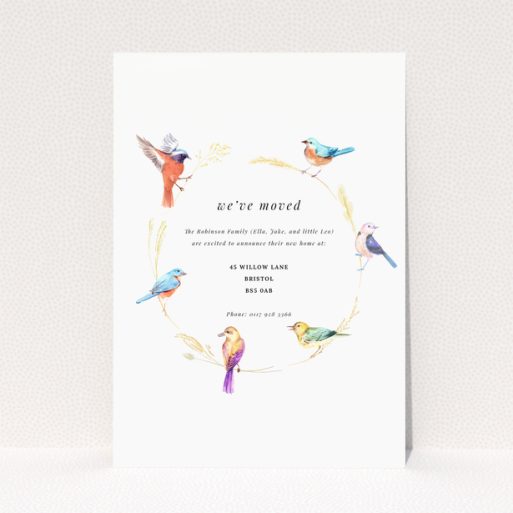 Change of address card design featuring illustrated birds and text, with no photos present