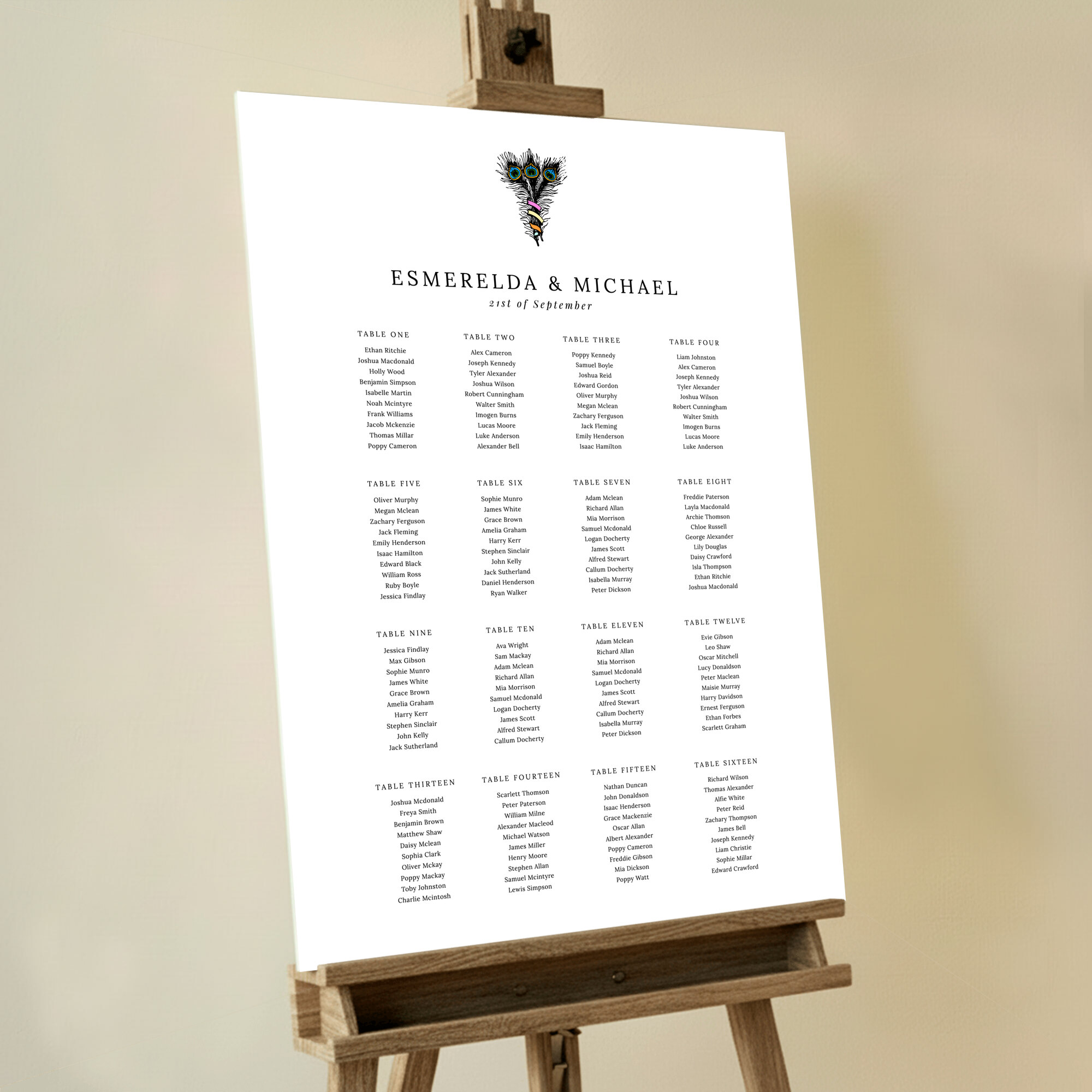 Classic Feathered Tradition Seating Plan featuring a traditional 3-feather motif at the top, with touches of pink, orange, yellow, and blue, bringing a blend of tradition and color to your special day.. This template shows 16 tables.
