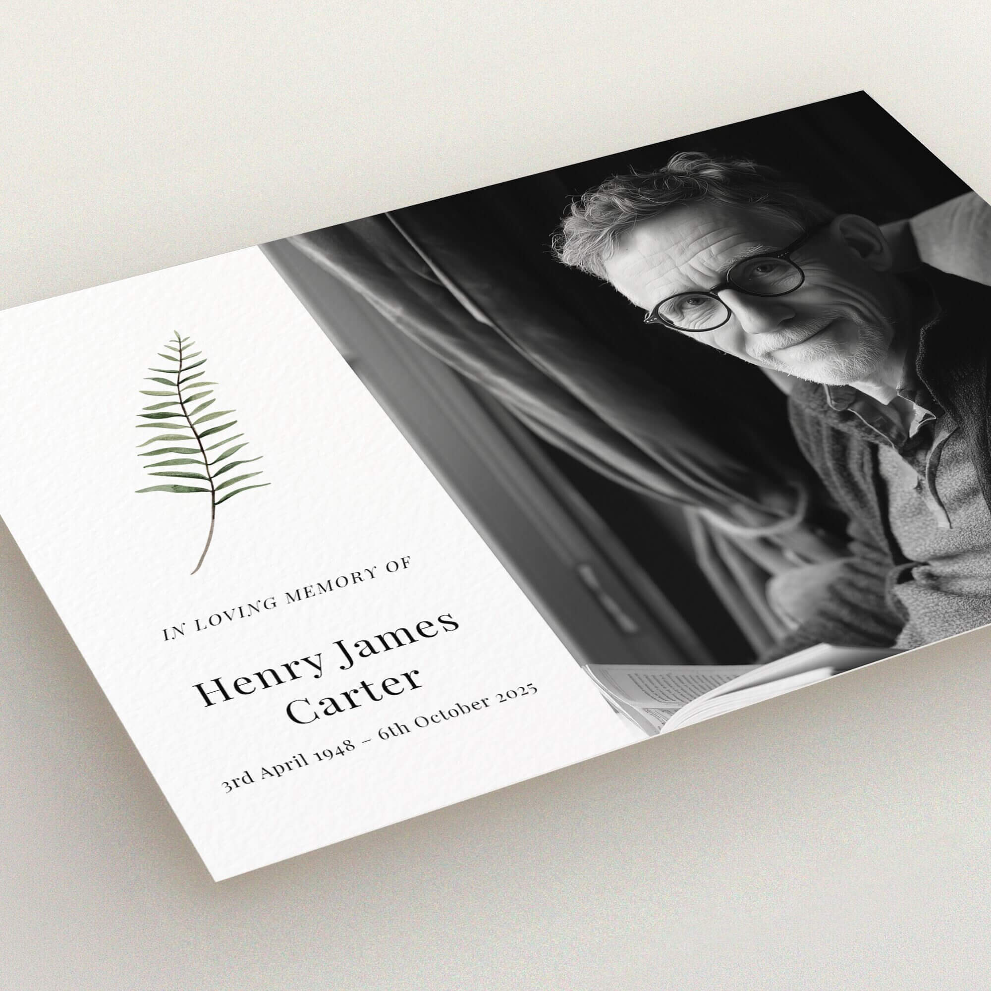 Funeral announcement design with one photo of a person sitting indoors