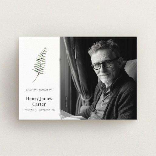 Funeral announcement design with one photo of a person sitting indoors