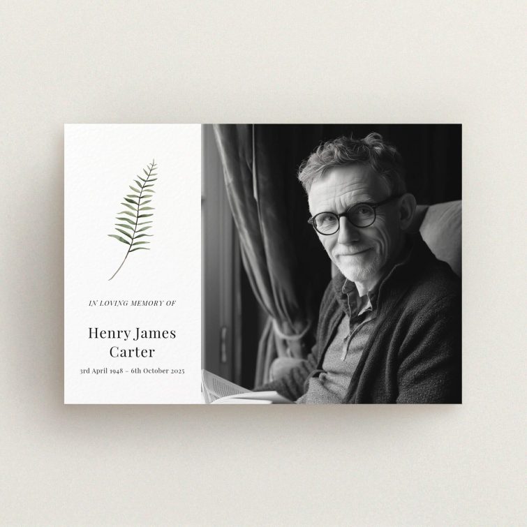 Funeral announcement design with one photo of a person sitting indoors