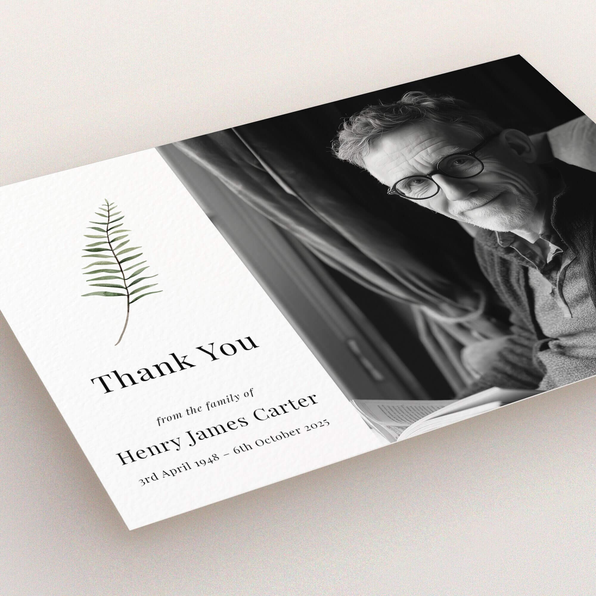 Funeral thank you card design with one photo of a person and a leaf illustration
