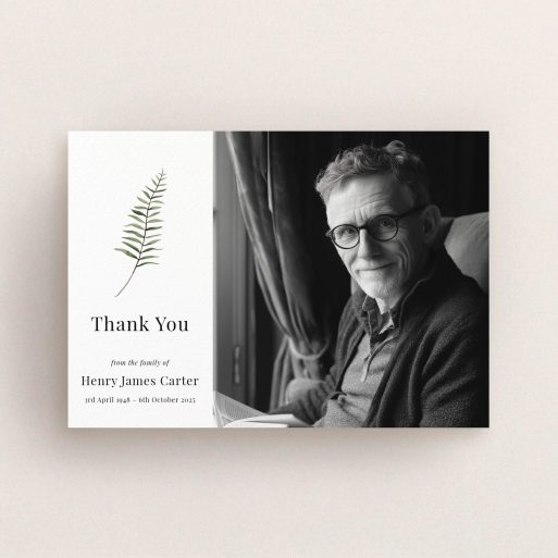 Elegant Funeral Card Funeral thank you card design with one photo of a person and a leaf illustration